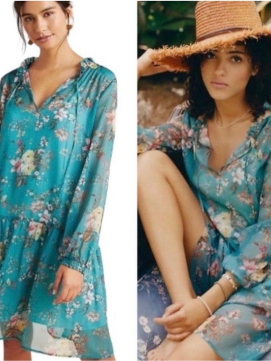 Maeve Dresses & Skirts - Maeve Teal Floral Chiffon Tunic Dress from Anthro